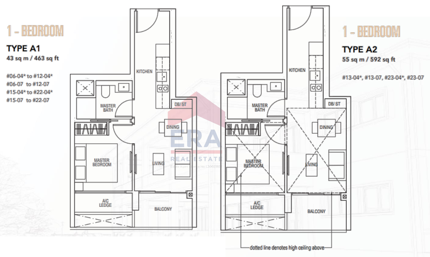 1-Bedroom · Types A1 and A2 · 463 and 592 sqft