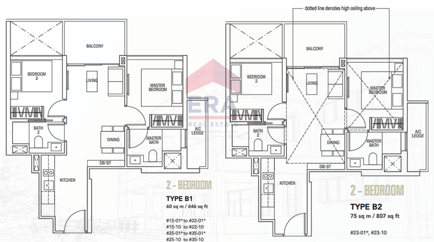 2-Bedroom · Types B1 and B2 · 646 and 807 sqft