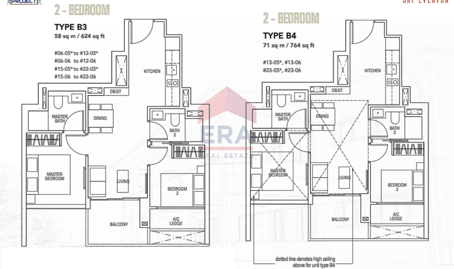 2-Bedroom · Types B3 and B4 · 624 and 764 sqft