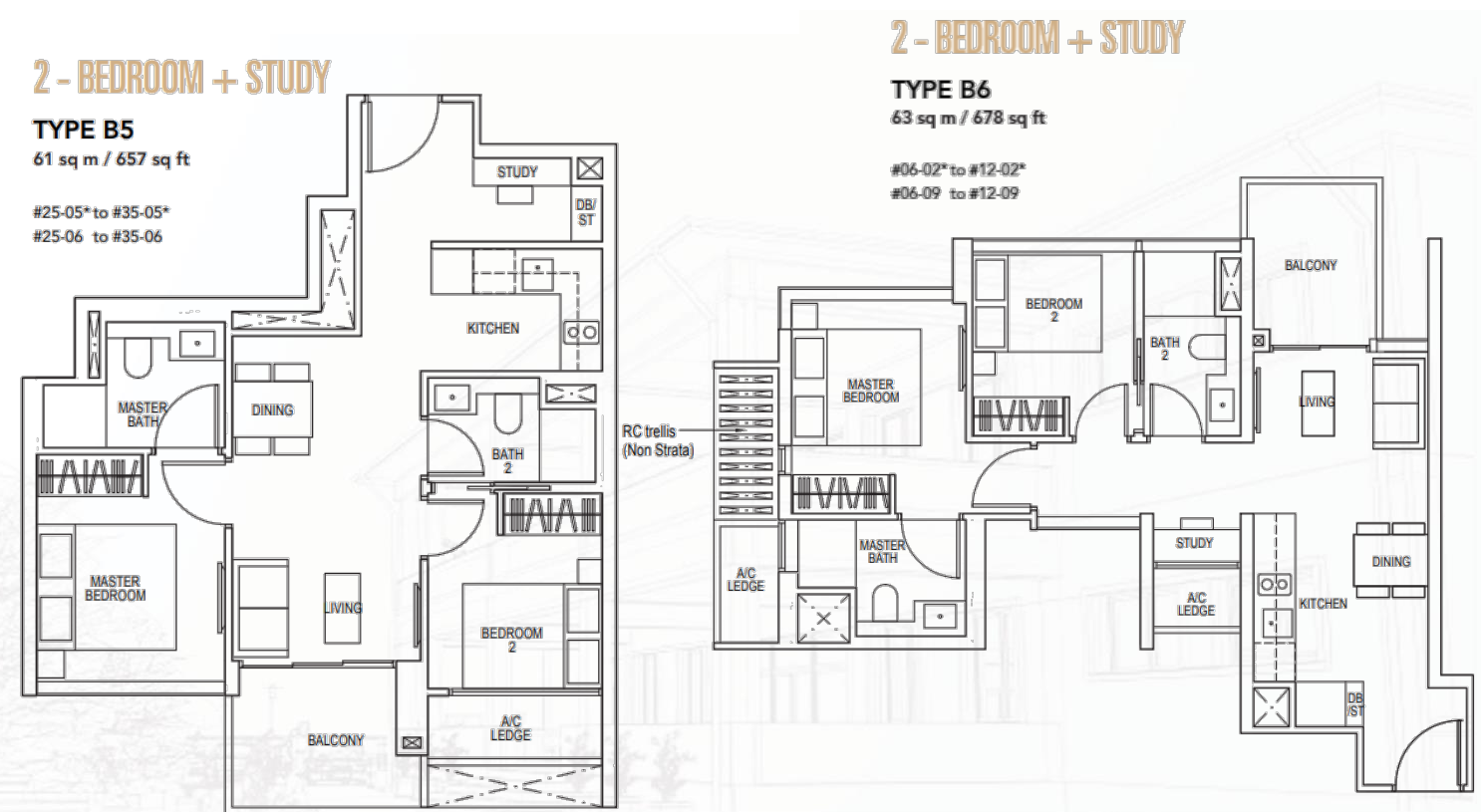 2-Bedroom + Study · Types B5 and B6 · 657 and 678 sqft