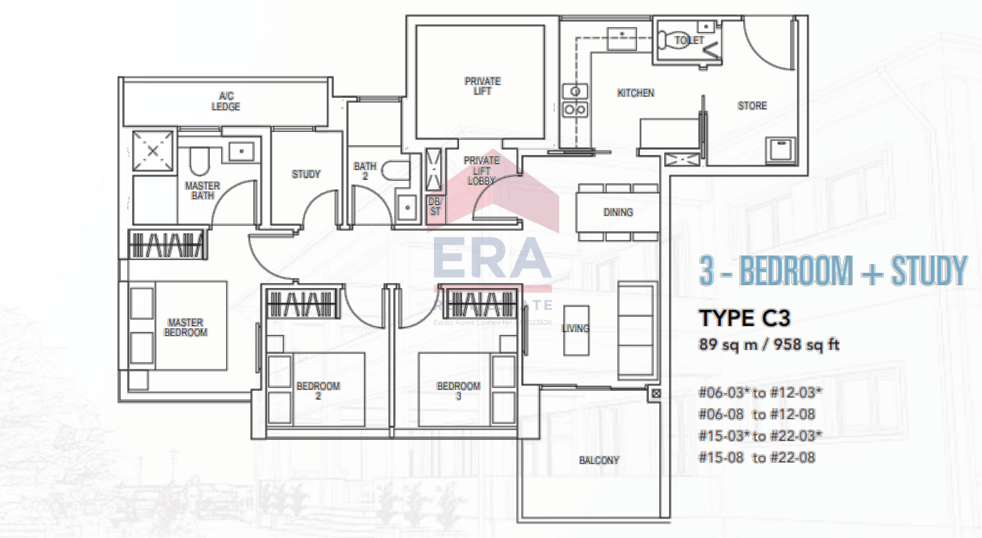 3-Bedroom + Study with private lift · Type C3 · 958 sqft